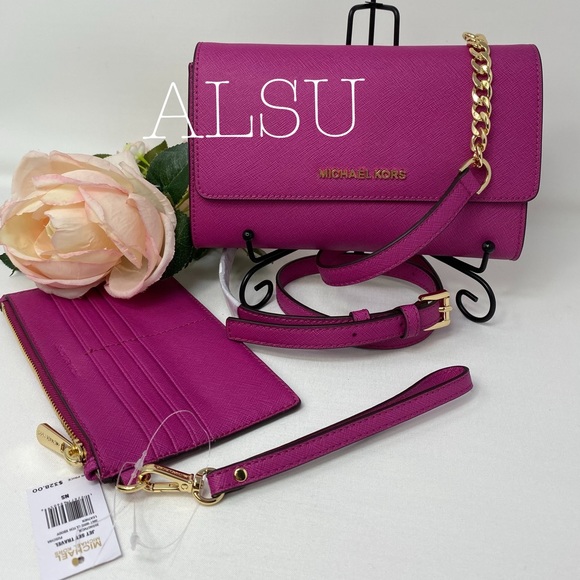 Michael Kors Handbags - Michael Kors Clutch Wristlet xBody Fuchsia Leather